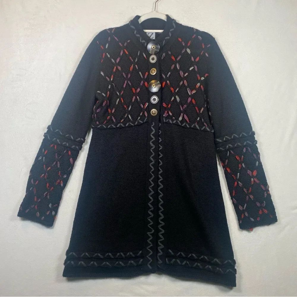 Z Women's Longline Cardigan Sweater Black W/Embroidery & Statement Buttons